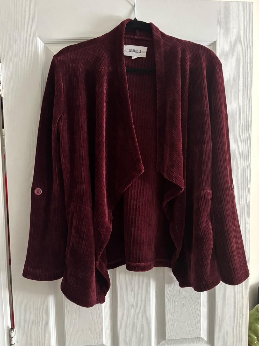 BB Dakota Maroon Ribbed Open-Front Draped Cardigan
